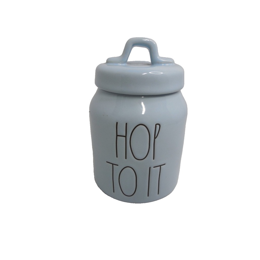 Rae Dunn Artisan Collection Light Blue Canister with lid "HOP TO IT" 7" H